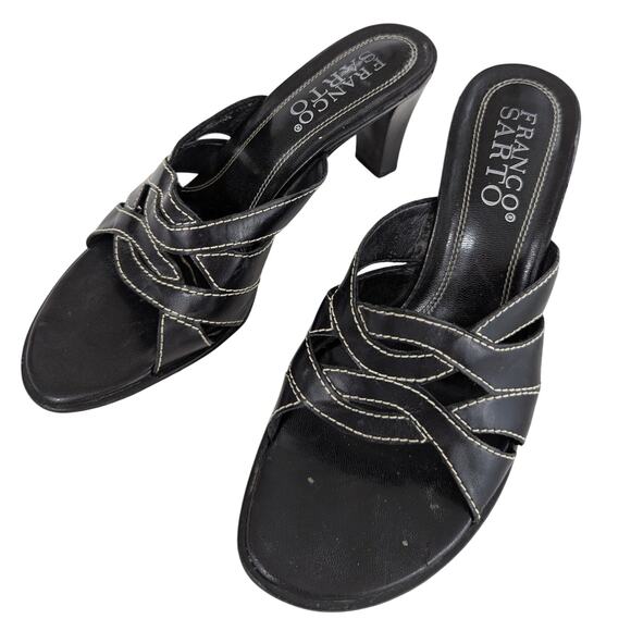 FRANCO SARTO! BLACK LEATHER WOVEN FRONT CONTRAST STITCHED SANDALS, HEELS!SZ 7.5M - Picture 1 of 8